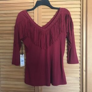 Dark red fringe top